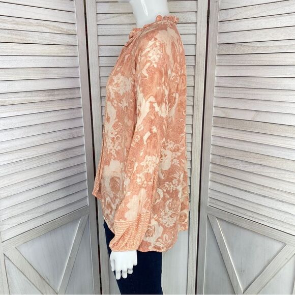 Anthropologie Everleigh Floral Split Neck Boho Peasant Blouse Peach XS - Picture 3 of 14